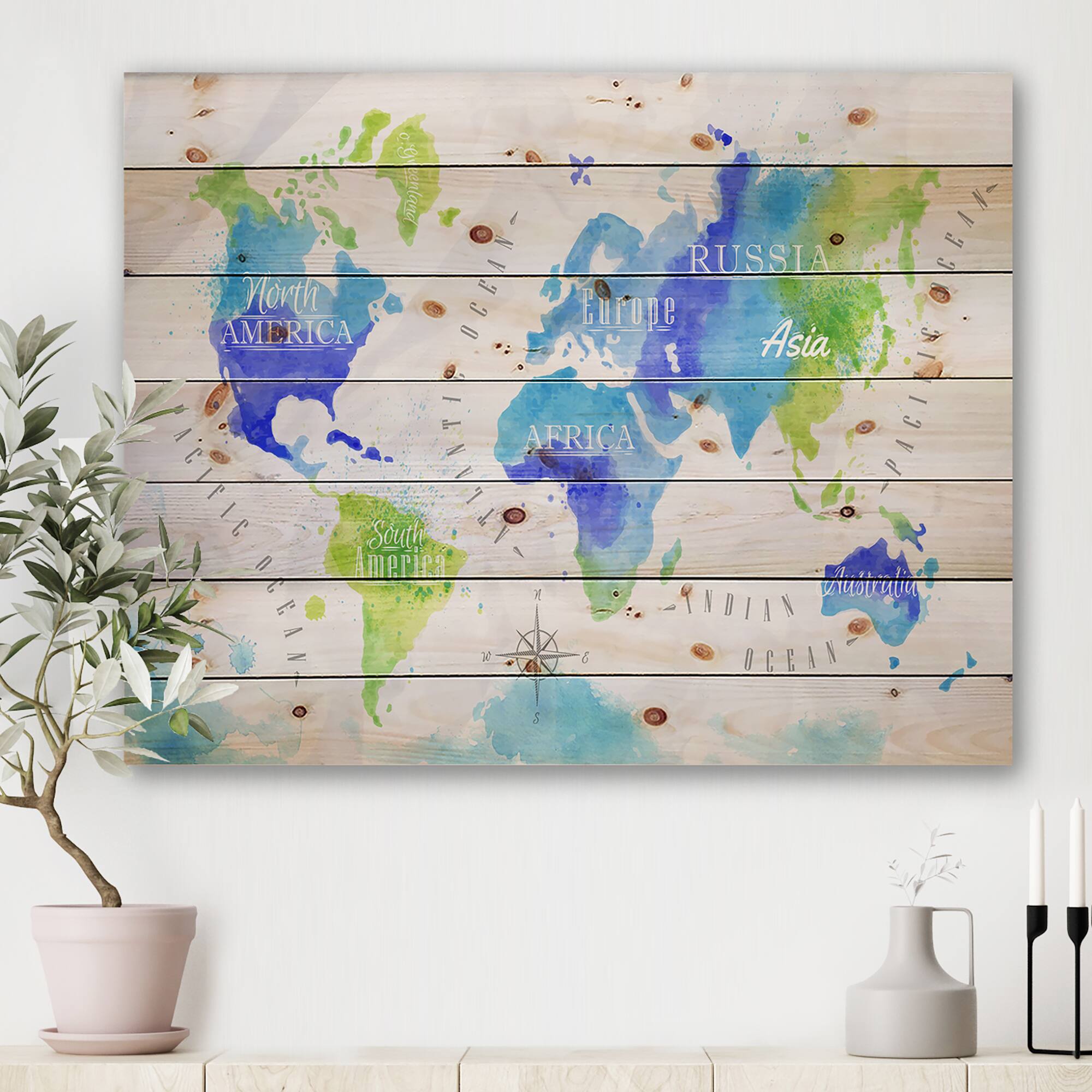 Designart - World Map In Green and Blue